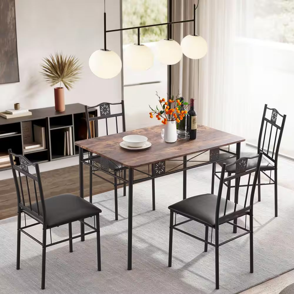 5-Piece Dining Table Set Wooden Kitchen Table 1 Table 4 Chairs Metal Legs, Rectangular Dining Table Sets,42.1"L, Brown