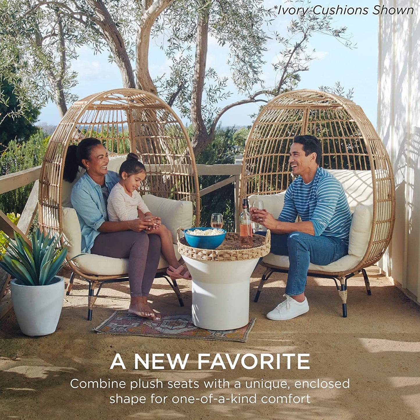 Wicker Egg Chair, Oversized Indoor Outdoor Lounger for Patio, Backyard, Living Room W/ 4 Cushions, Steel Frame, 440Lb Capacity - Black