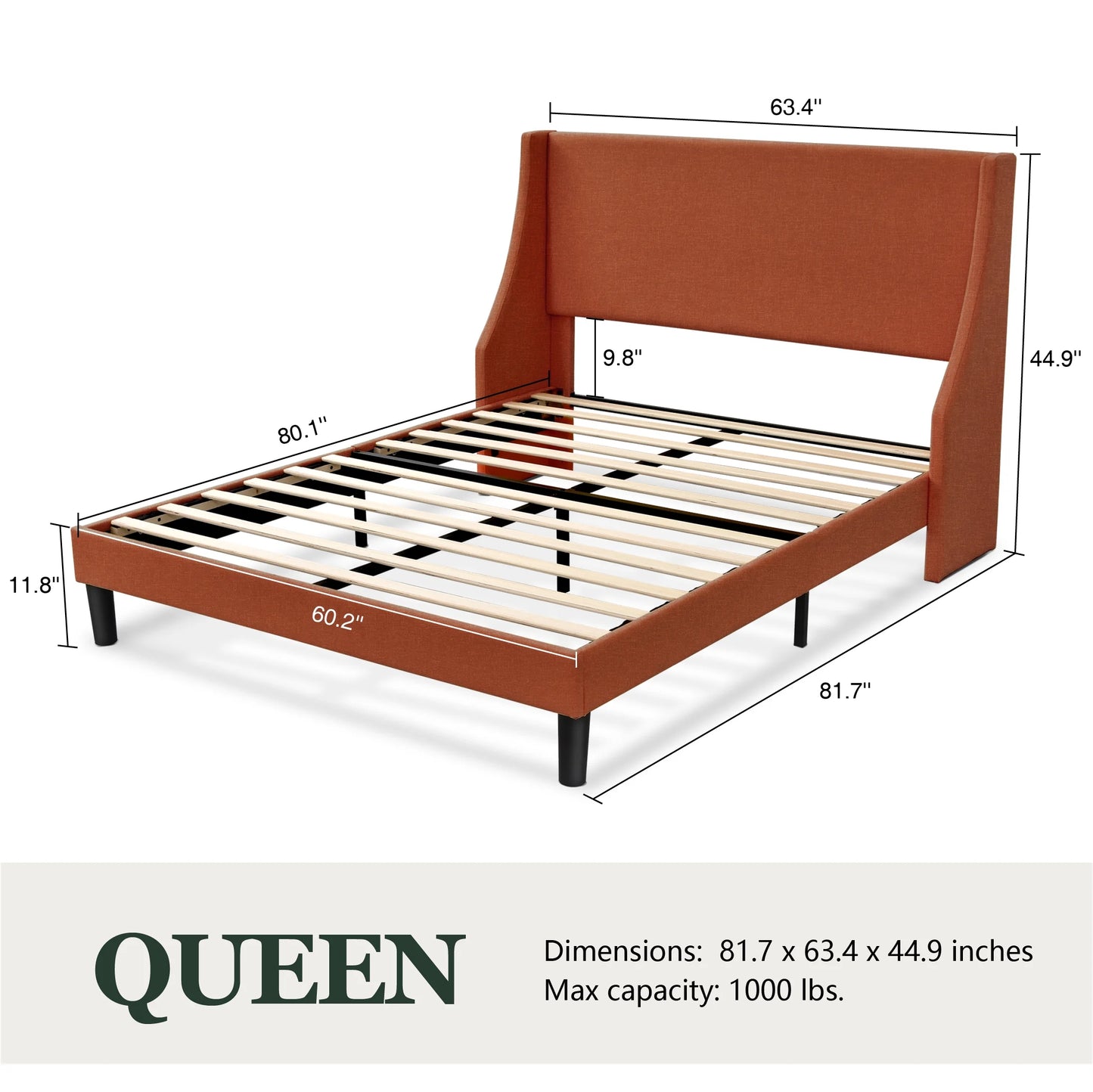 Queen Size Modern Platform Upholstered Bed Frame with Deluxe Wingback,Burnt Orange