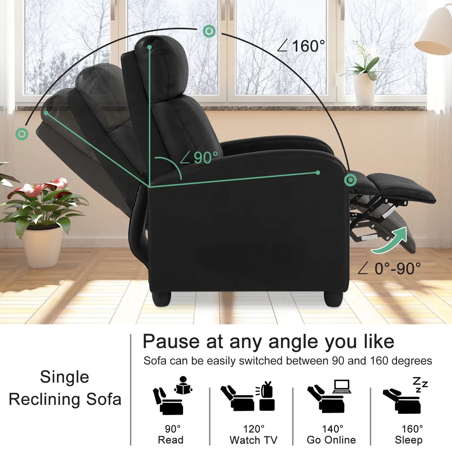 Recliner Chair for Living Room Home Theater Seating Single Reclining Sofa Lounge with Padded Seat Backrest (Black)