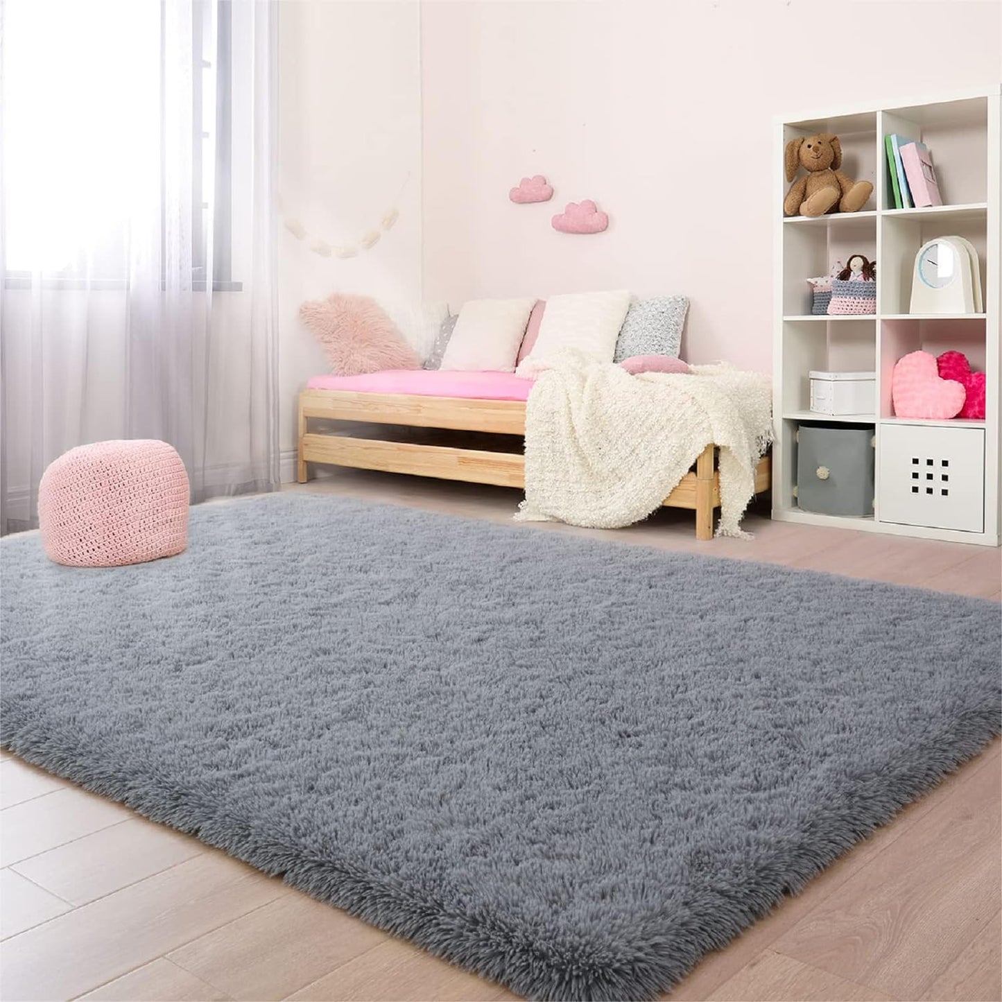 Soft Fluffy Area Rug for Bedroom, 3X5 Shag Living Room Rugs Grey Plush Carpets for Boys Kids Room, Anti-Slip Bedside Throw for Nursery Dorm Furry Fuzzy Comfy Cozy Indoor Home Decor