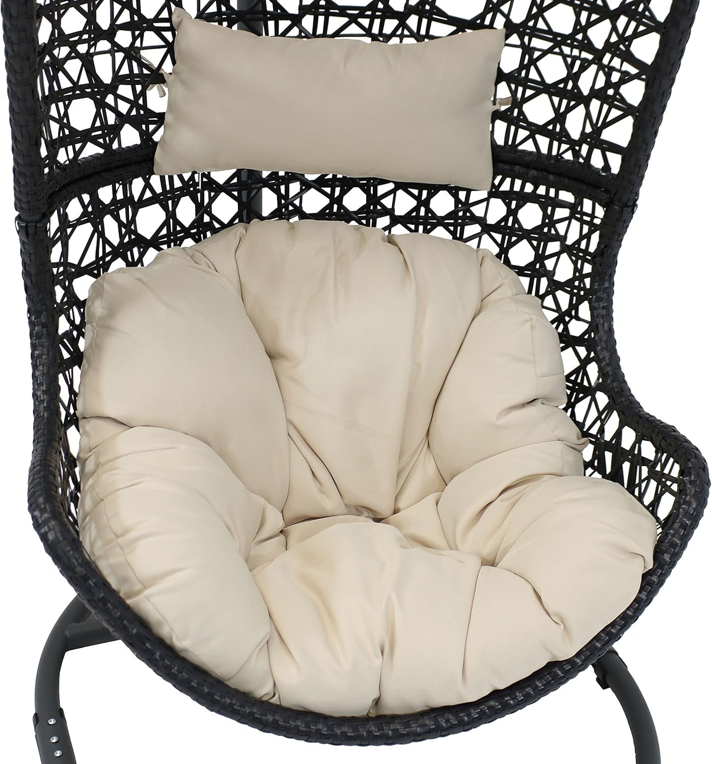 Cordelia Hanging Egg Chair with Steel Stand Set - Resin Wicker Porch Swing - Includes Beige Cushion and Headrest