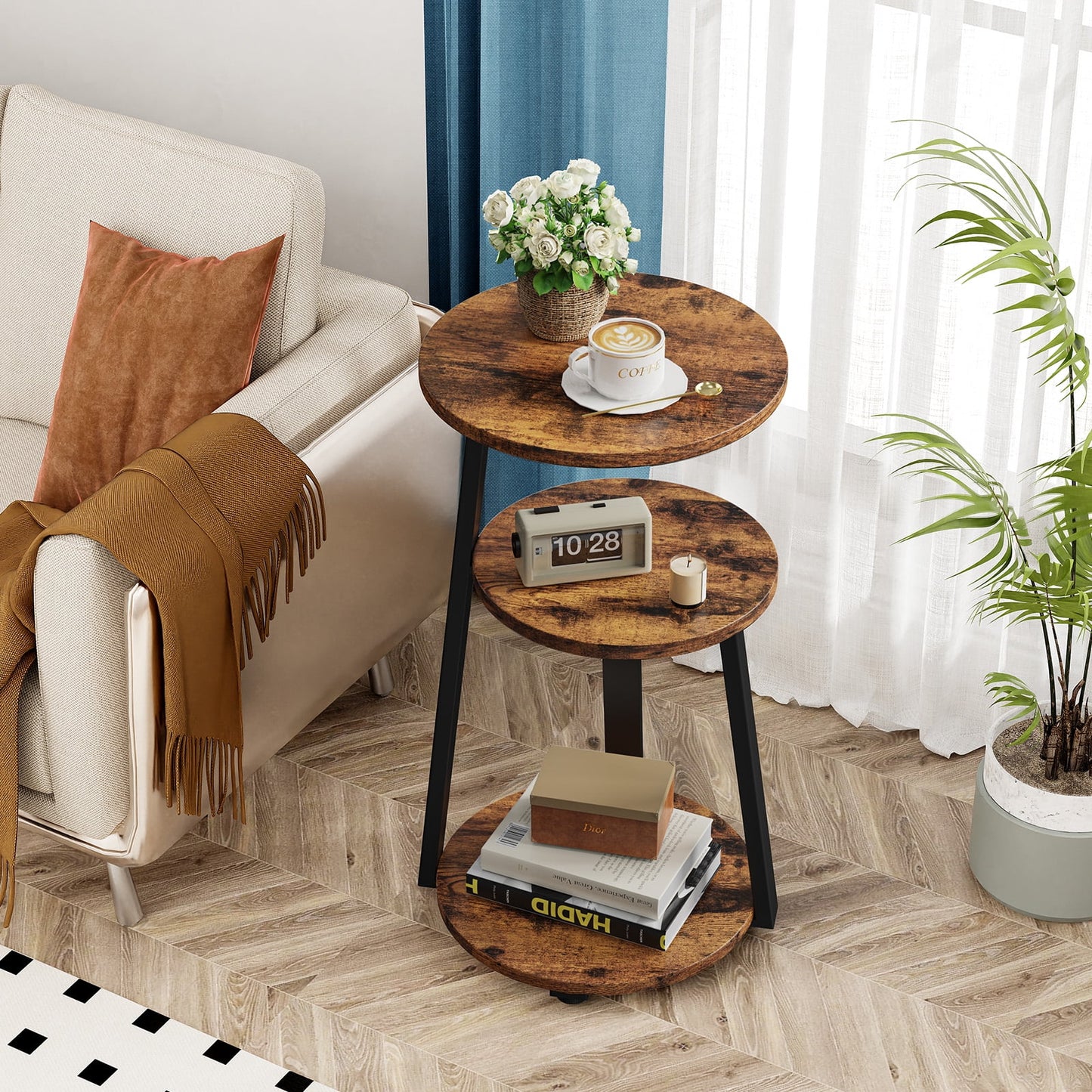 End Side Table, round Sofa Table with Metal Frame, 3-Tier Coffee Table Nightstand for Home, Black&Brown