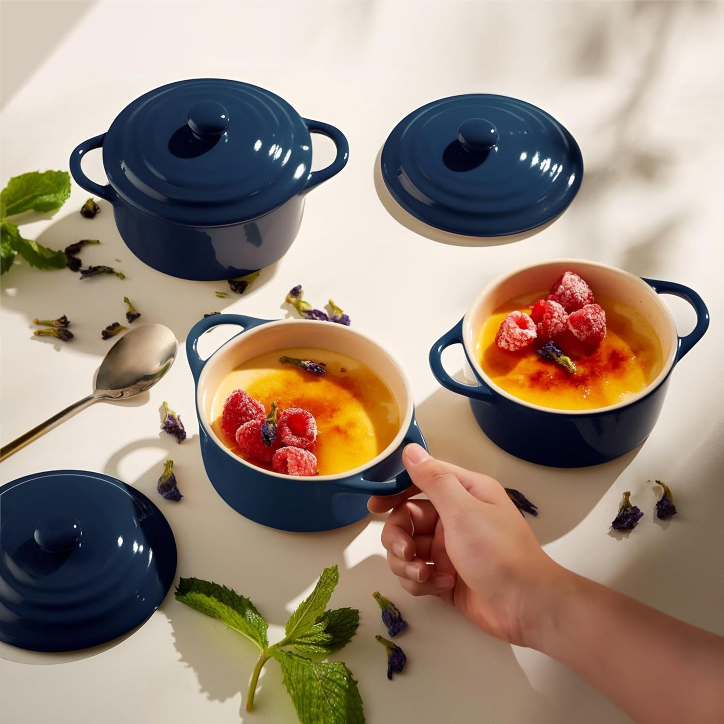 Ceramic Mini Cocotte Set, Small Casserole Dishes with Lids and Handles, Individual Baking Ramekins, Oven, Microwave & Dishwasher Safe, Stoneware, 12 Oz, Set of 4, Navy