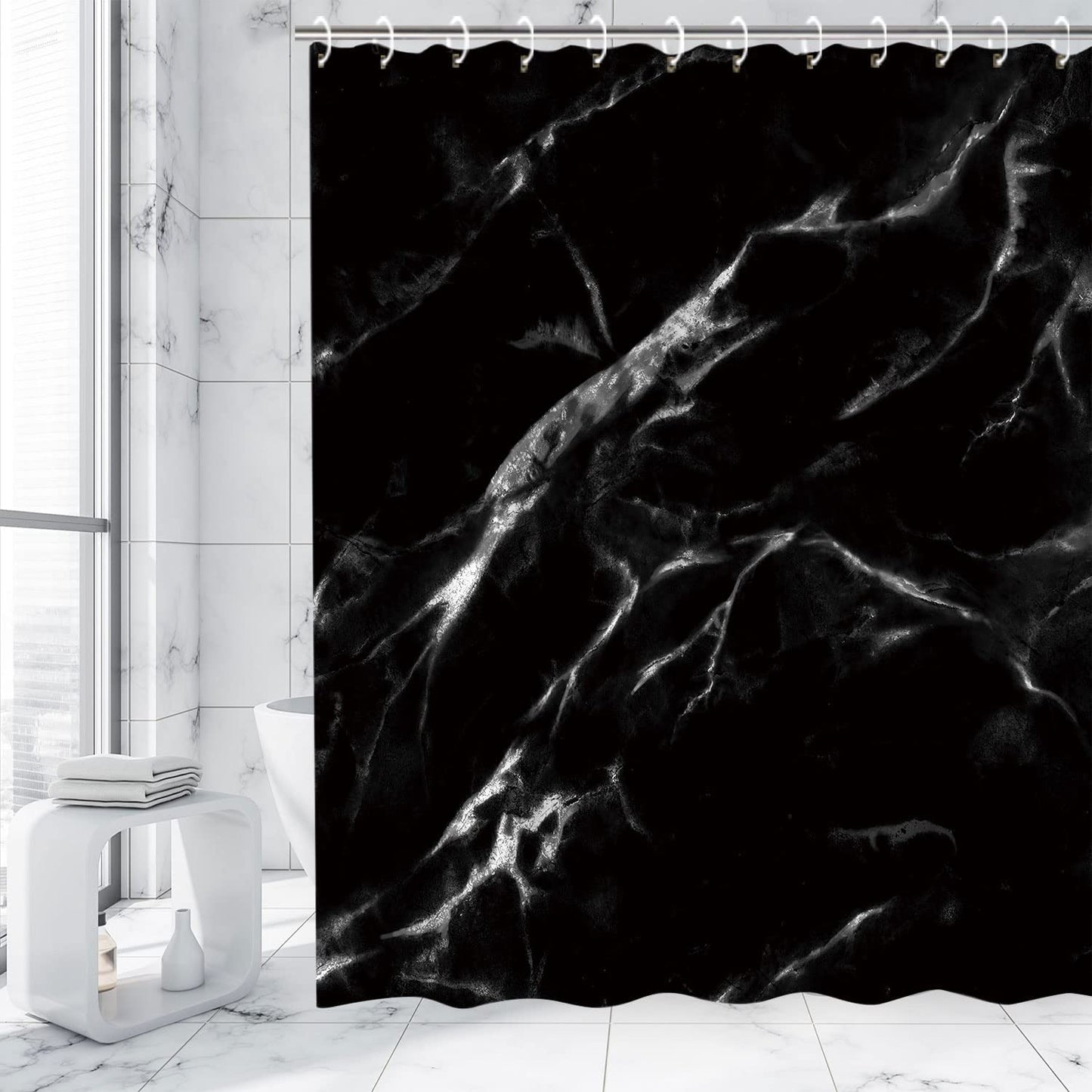 Black Marble Shower Curtain Set with 12 Hooks, Bathroom Decor, 72Wx72H
