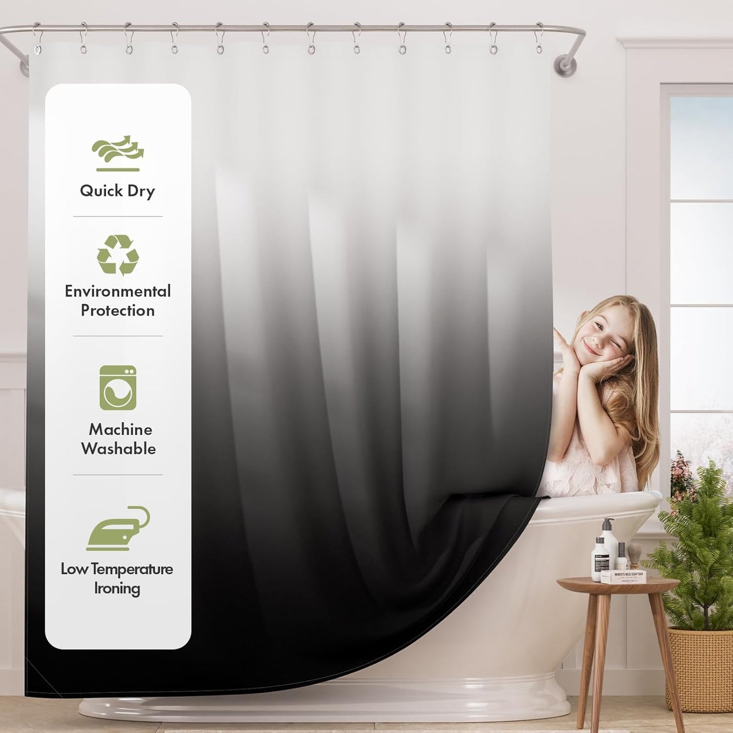 Shower Curtain, Cloth Ombre Black Shower Curtain Set with 12 Hooks, Washable Fabric Black and White Shower Curtain, Rustic Farmhouse Bathroom Shower Curtain, 72X72 Inches