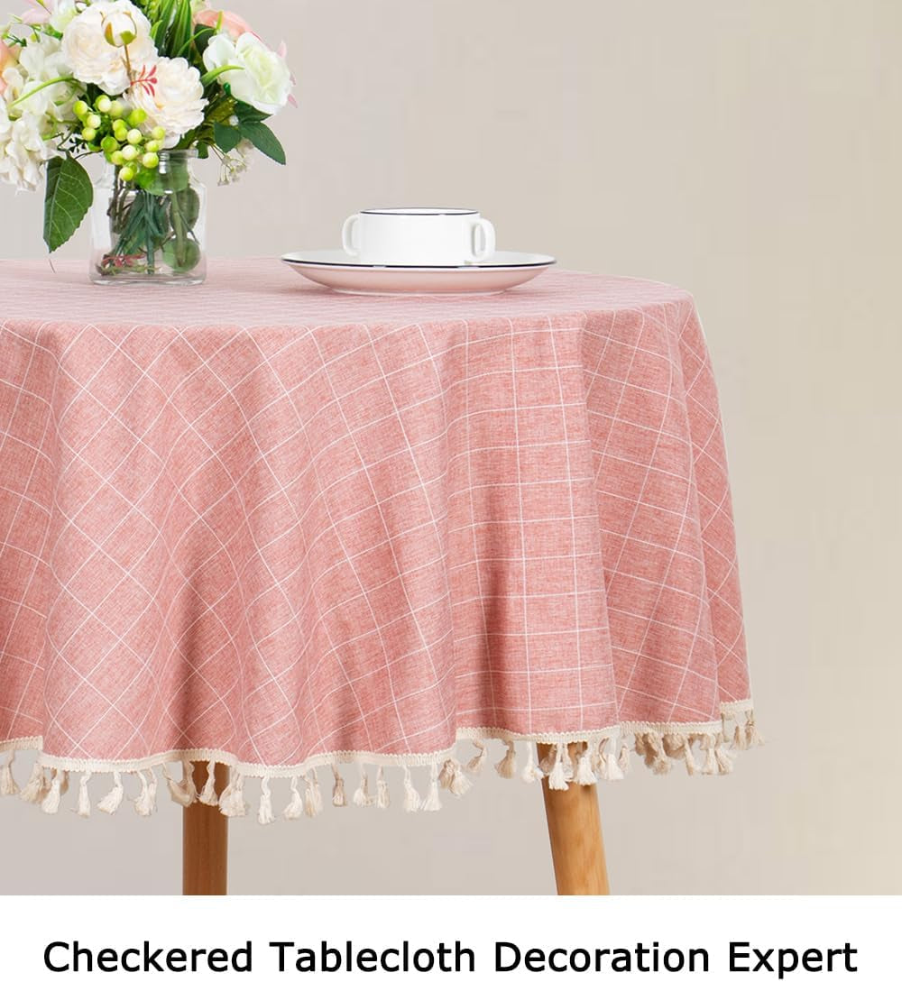 round Tablecloth - Cotton Linen Table Cover - Wrinkle Free Dust-Proof - Buffalo Check - Holiday Table Linen - 55" - Blush Embroidery Tassel - for Home Kitchen Dining