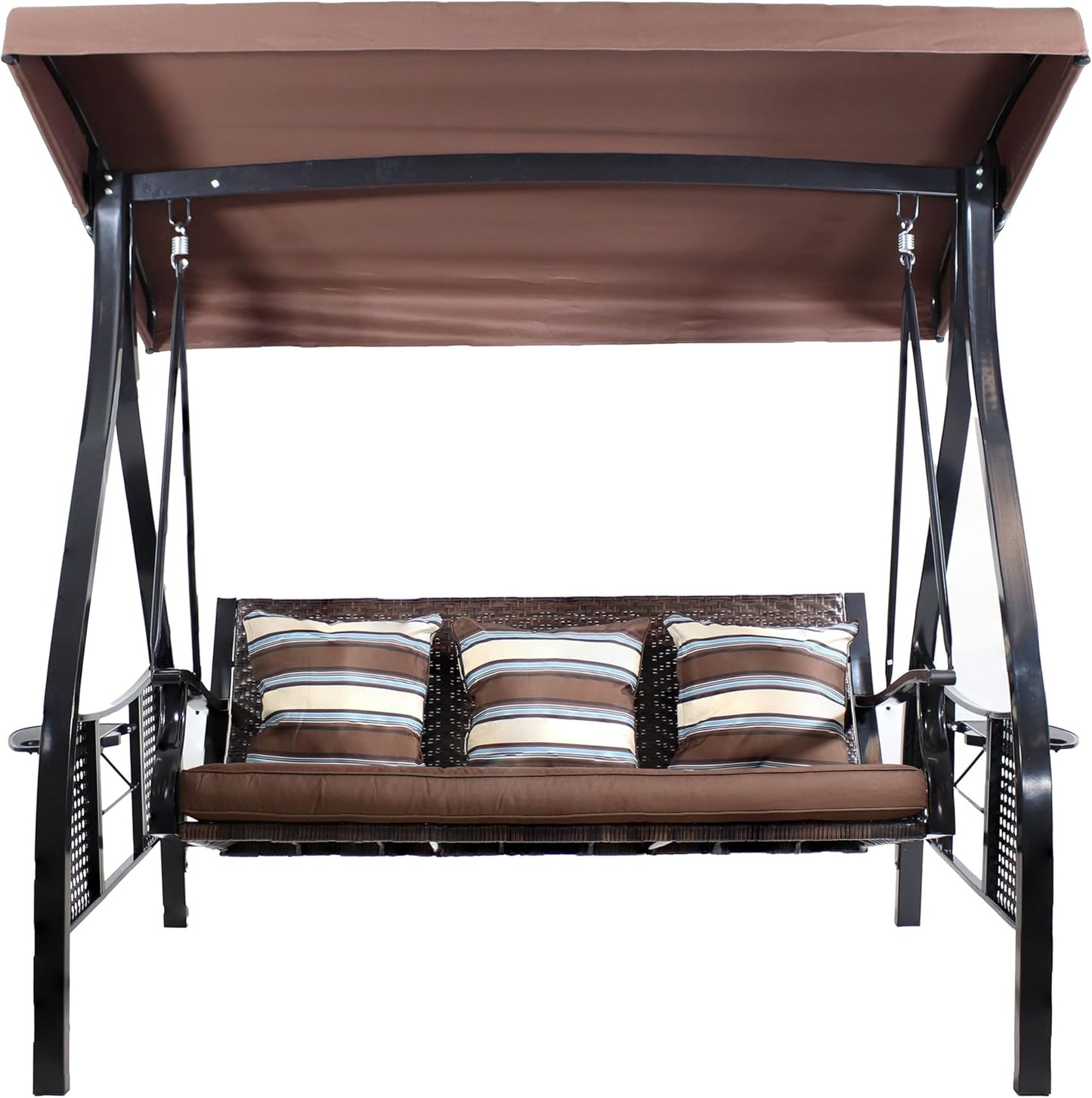 3-Seat Patio Swing with Steel Frame and Canopy - 600-Pound Weight Capacity - Brown Stripe Cushions