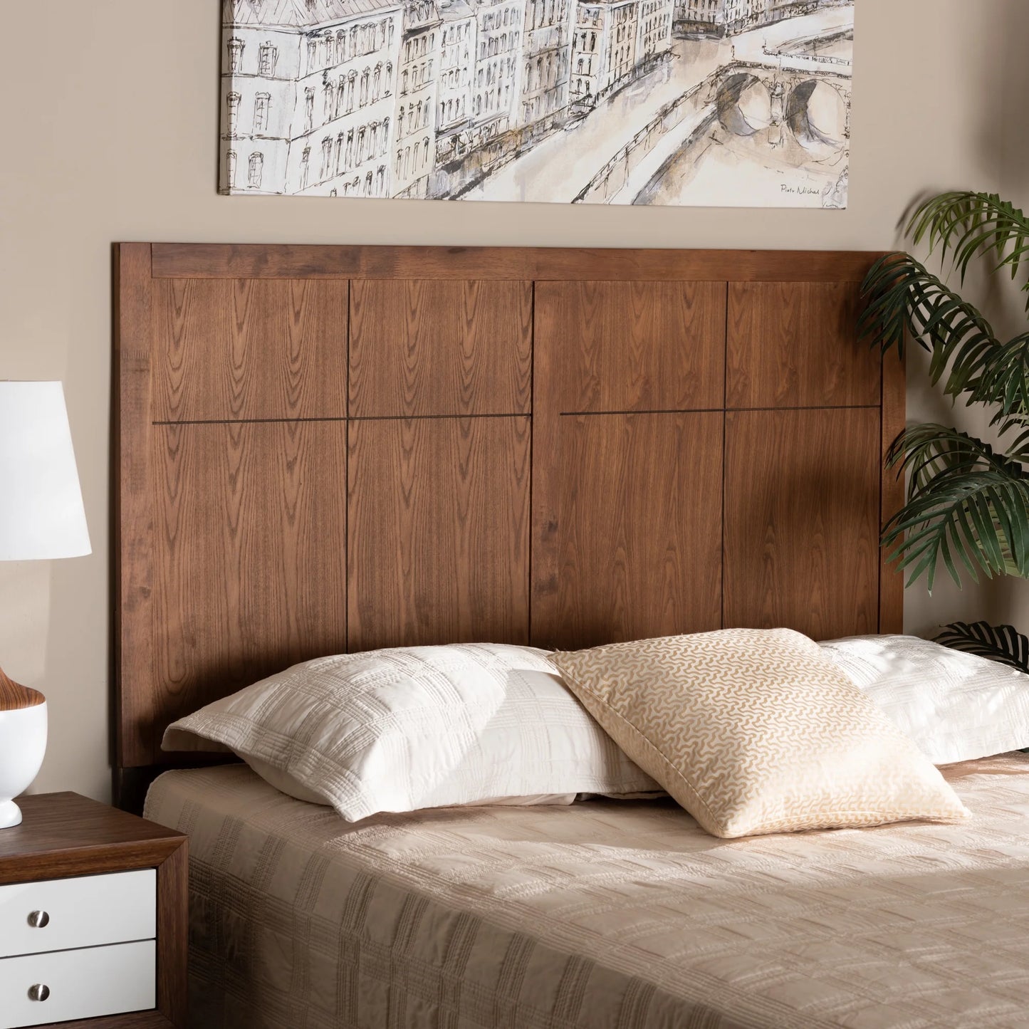 Monroe Transitional Wood Back Support MDF Headboard, Queen, Ash Walnut