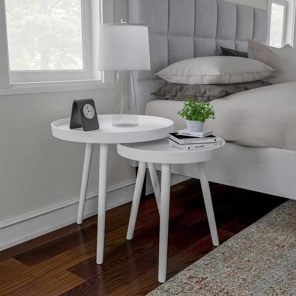 Wooden Nesting round Tray Top White Side Tables (Set of 2)