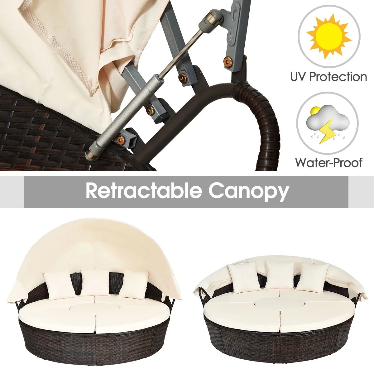 Cushioned Patio Rattan round Daybed W/ Adjustable Table 3 Pillows Canopy