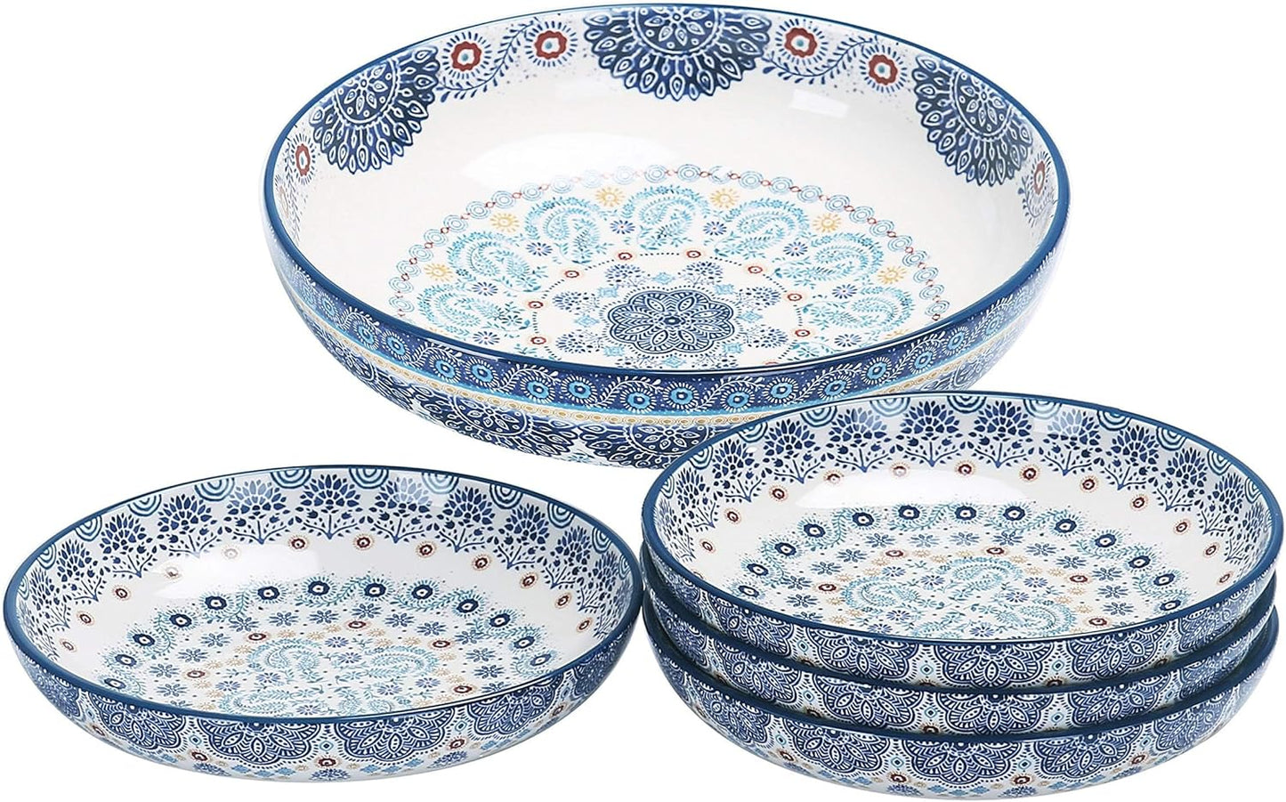Blue Talavera Ceramic Pasta Bowl, Set of 5(1 Unit 214Oz, 4 Units 35Oz), for Pasta, Salad, Microwave & Dishwasher Safe, House Warming Gift