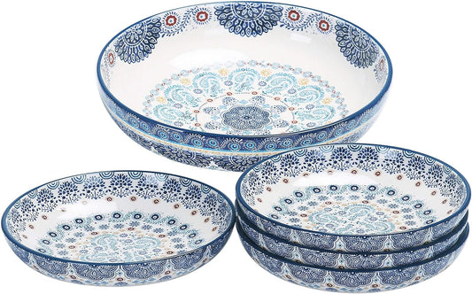 Blue Talavera Ceramic Pasta Bowl, Set of 5(1 Unit 214Oz, 4 Units 35Oz), for Pasta, Salad, Microwave & Dishwasher Safe, House Warming Gift