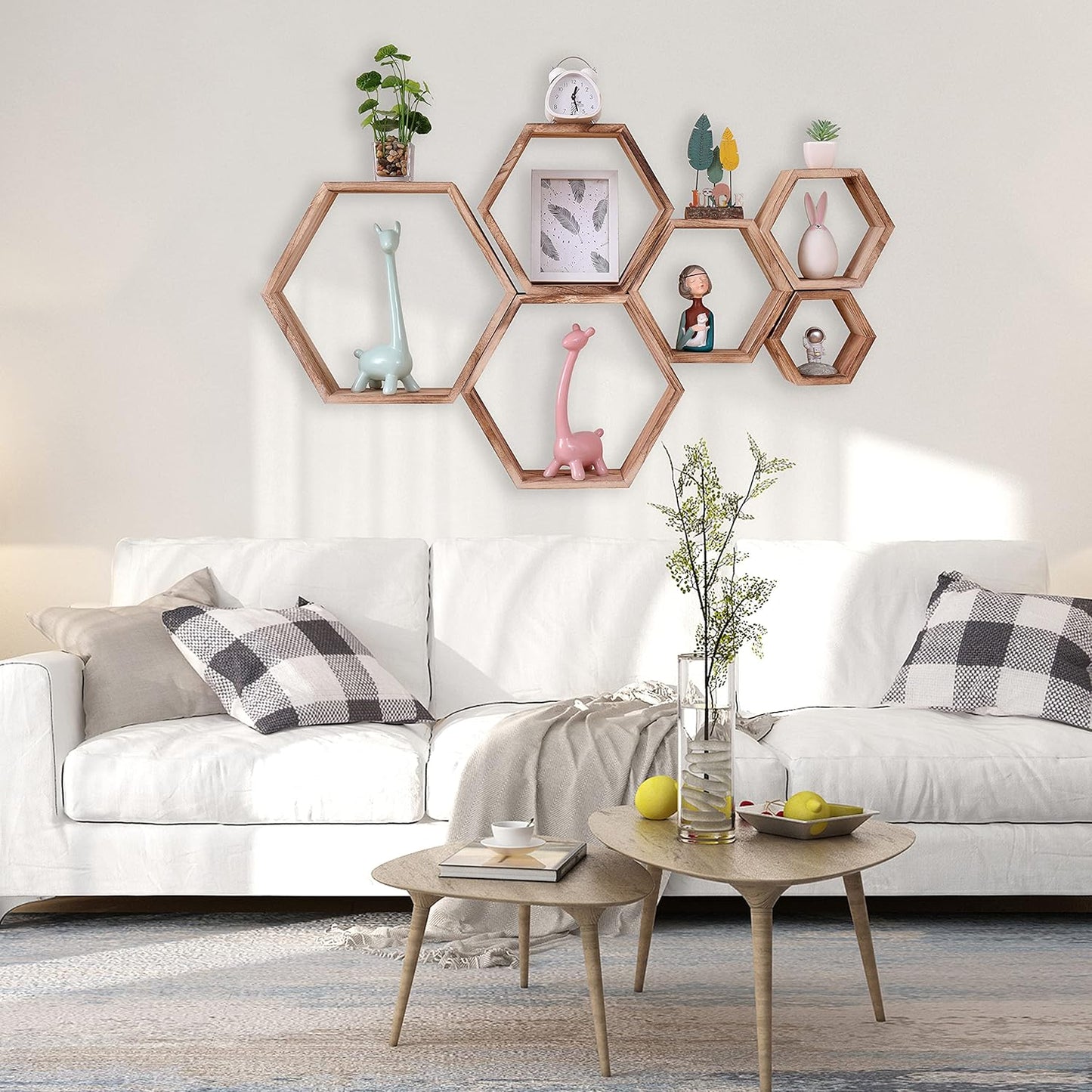 Hexagon Floating Shelves Wall Mounted Wood Farmhouse Storage Honeycomb Wall Shelf Set of 6, Hexagonal Wall Shelves for Bedroom, Living Room, Office,Screws Anchors Included Rustic Fire Roast