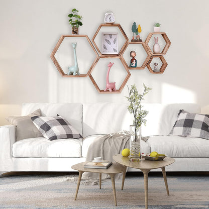 Hexagon Floating Shelves Wall Mounted Wood Farmhouse Storage Honeycomb Wall Shelf Set of 6, Hexagonal Wall Shelves for Bedroom, Living Room, Office,Screws Anchors Included Rustic Fire Roast