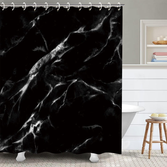 Black Marble Shower Curtain Set with 12 Hooks, Bathroom Decor, 72Wx72H