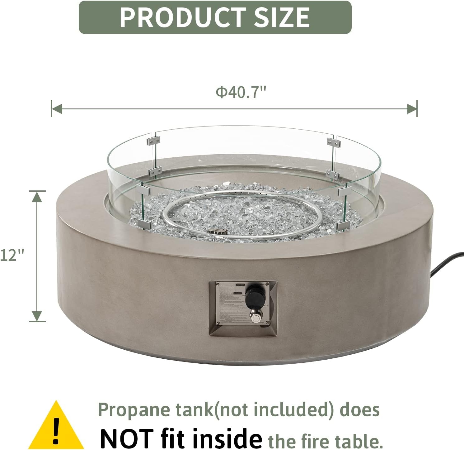 Outdoor Propane Fire Pit Coffee Table W Gray 42 Inch round Base Patio Heater, CSA Certified, 50,000 BTU Stainless Steel Burner, Wind Guard, Transparent Gray Fire Glass, Rain Cover