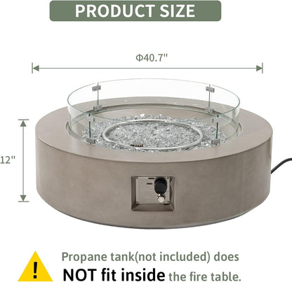Outdoor Propane Fire Pit Coffee Table W Gray 42 Inch round Base Patio Heater, CSA Certified, 50,000 BTU Stainless Steel Burner, Wind Guard, Transparent Gray Fire Glass, Rain Cover