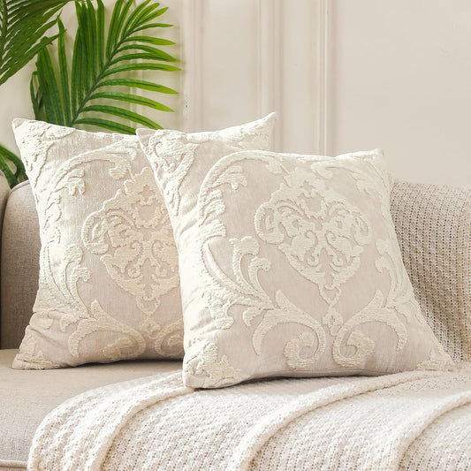 Embroidered Boho Throw Pillow Covers 18X18 Inch, Set of 2 Emroidery Accent Couch Pillows for Living Room, Bedroom, Sofa, Chair, Beige