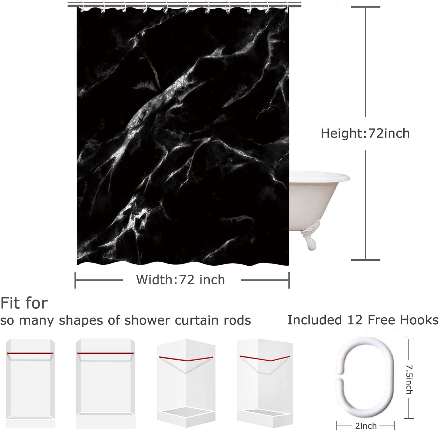 Black Marble Shower Curtain Set with 12 Hooks, Bathroom Decor, 72Wx72H