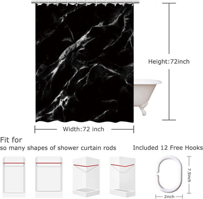 Black Marble Shower Curtain Set with 12 Hooks, Bathroom Decor, 72Wx72H
