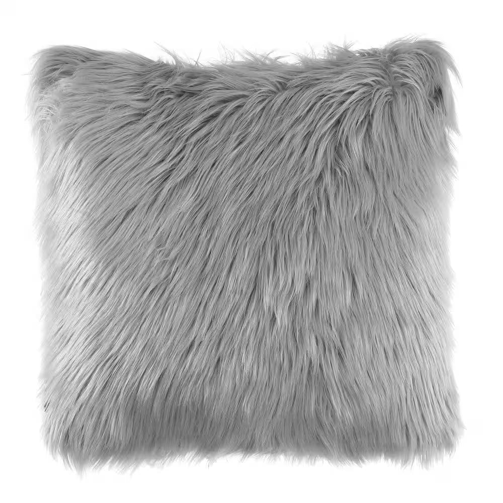 Sheepskin Faux Fur Gray 22 In. X 22 In. Plush Acrylic Decorative Pillow