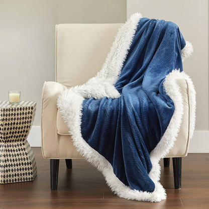 Sherpa Blanket for Couch - Cozy Blanket for Sofa, Plush Throw Blankets Warm Blanket for Winter, Herringbone Soft Fuzzy Flannel Fleece Throw Blanket, Navy (50 X 60 Inches)