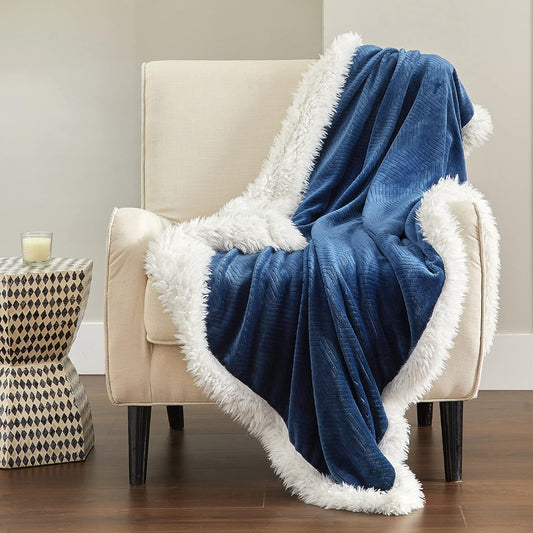 Sherpa Blanket for Couch - Cozy Blanket for Sofa, Plush Throw Blankets Warm Blanket for Winter, Herringbone Soft Fuzzy Flannel Fleece Throw Blanket, Navy (50 X 60 Inches)