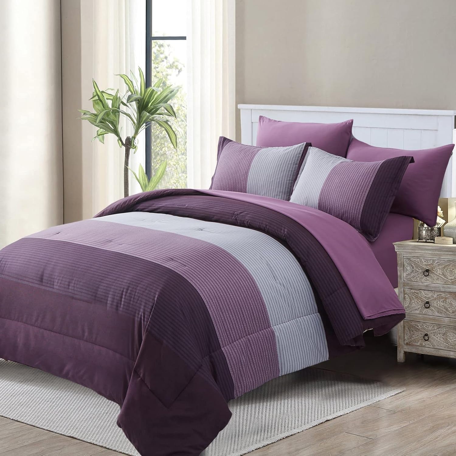 Purple Comforter Sets King, Reversible Striped Patchwork down Alternative Comforter for King Bed,3 Pieces (1Comforter+2 Pillowcase), Soft Microfiber Bedding Duvet Insert Set 104”×90”