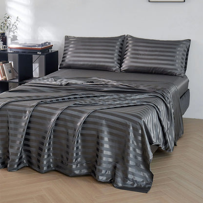 Satin Sheets Full Silk Sheets Dark Gray Stripe Bed Sheet Set Deep Pocket Bed Flat Fitted Sheet, 4-Pieces