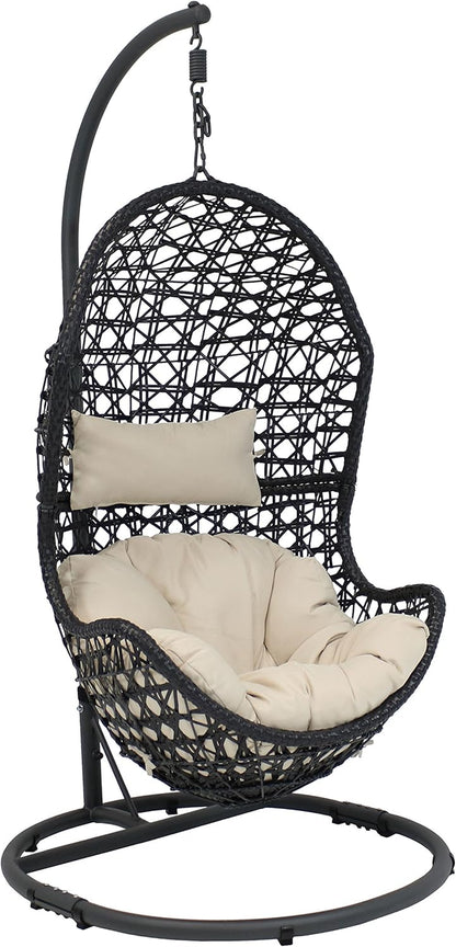 Cordelia Hanging Egg Chair with Steel Stand Set - Resin Wicker Porch Swing - Includes Beige Cushion and Headrest
