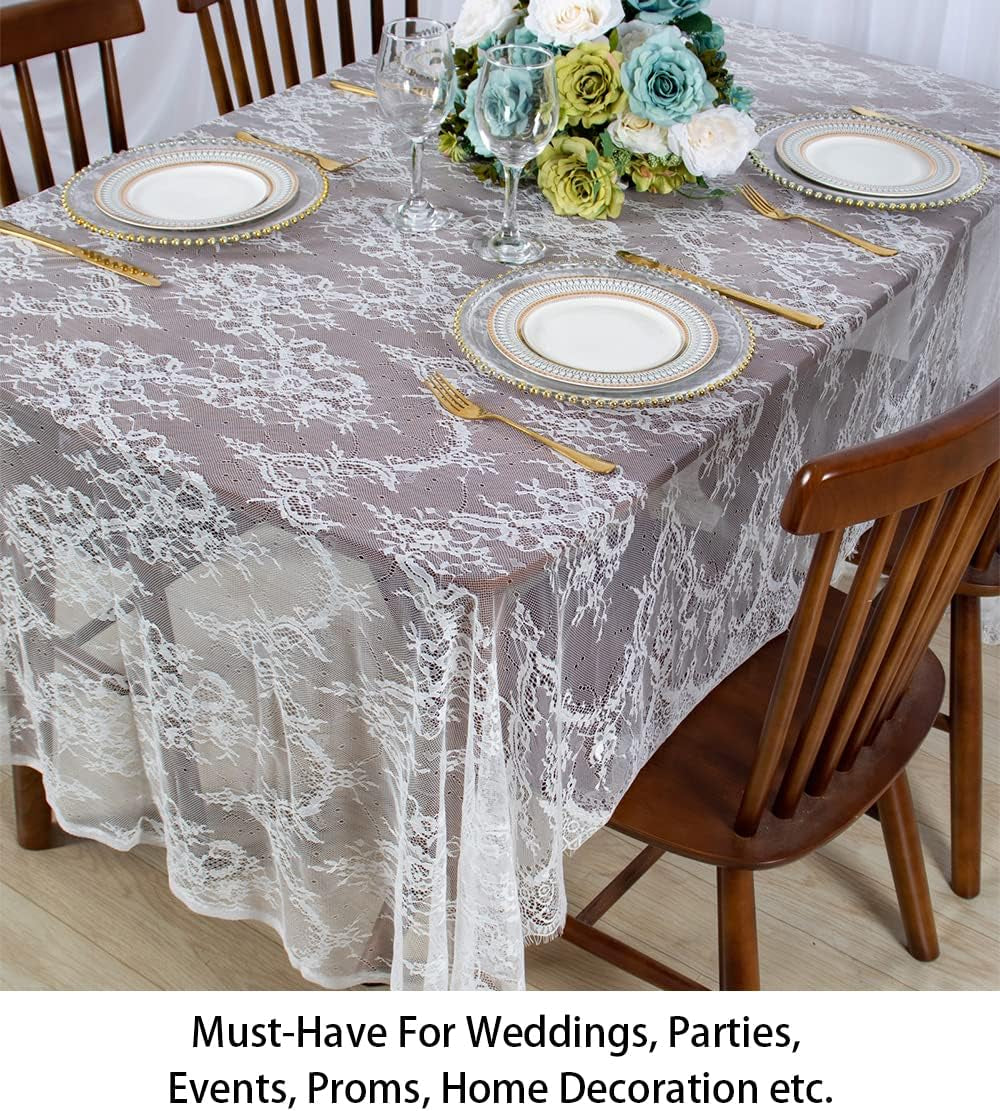Lace Party Tablecloth Rustic Floral Fabric Rectangle Lace Table Cloth Baby Tablecloth Tea Party Tablecloth Fabric Table Cover (1, White-005)