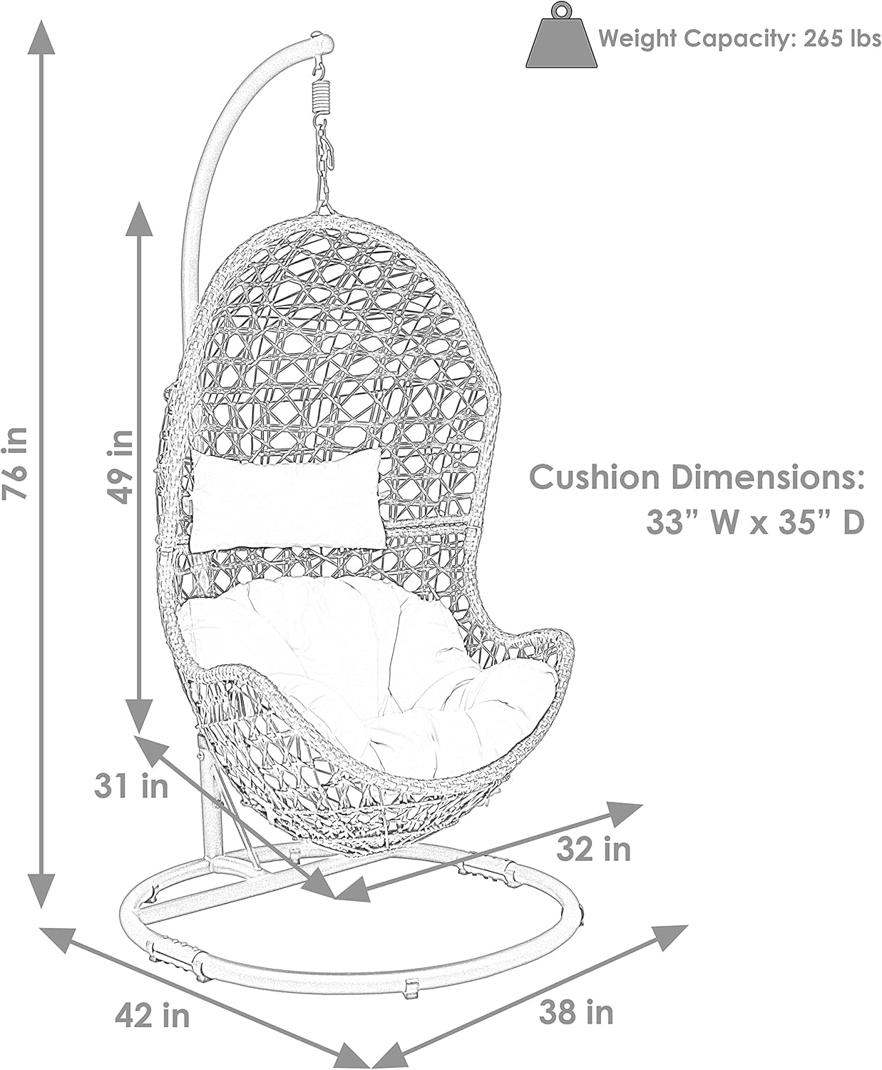 Cordelia Hanging Egg Chair with Steel Stand Set - Resin Wicker Porch Swing - Includes Beige Cushion and Headrest