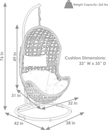 Cordelia Hanging Egg Chair with Steel Stand Set - Resin Wicker Porch Swing - Includes Beige Cushion and Headrest