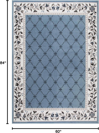 Premium Aydin Traditional Diamond Floral Area Rug, Blue/Ivory, 5'2"X7'4"
