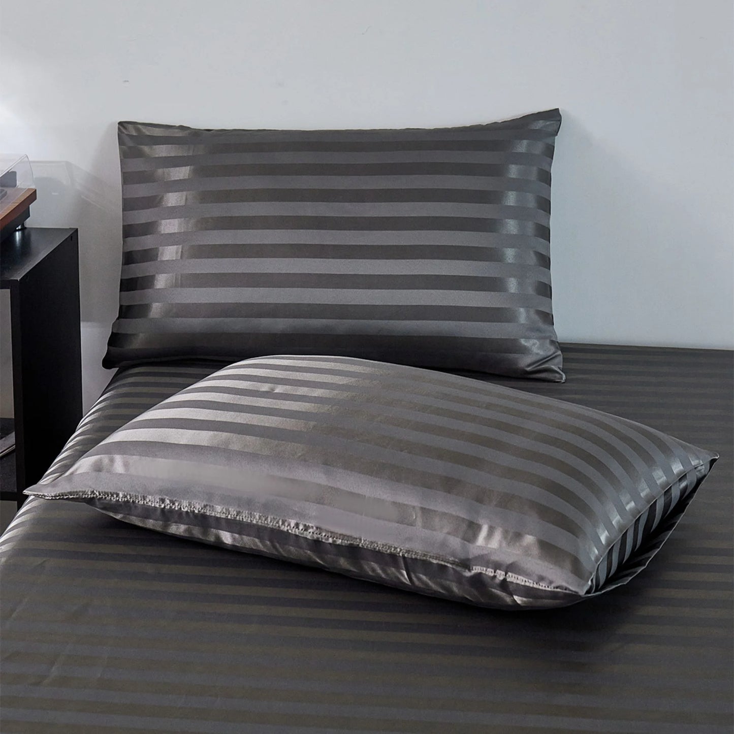 Satin Sheets Full Silk Sheets Dark Gray Stripe Bed Sheet Set Deep Pocket Bed Flat Fitted Sheet, 4-Pieces