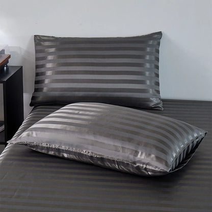 Satin Sheets Full Silk Sheets Dark Gray Stripe Bed Sheet Set Deep Pocket Bed Flat Fitted Sheet, 4-Pieces