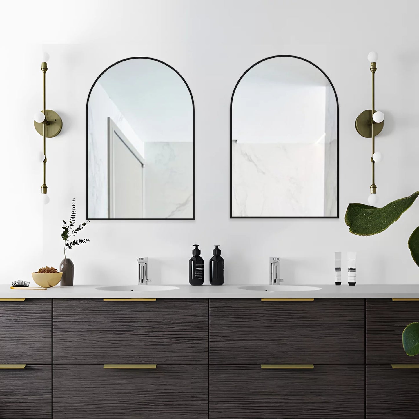 Wall Mounted Mirror, 20"X30" Arch Bathroom Mirror Has Metal Frame, 2 Pieces Black Decor for Mantle, Entryway