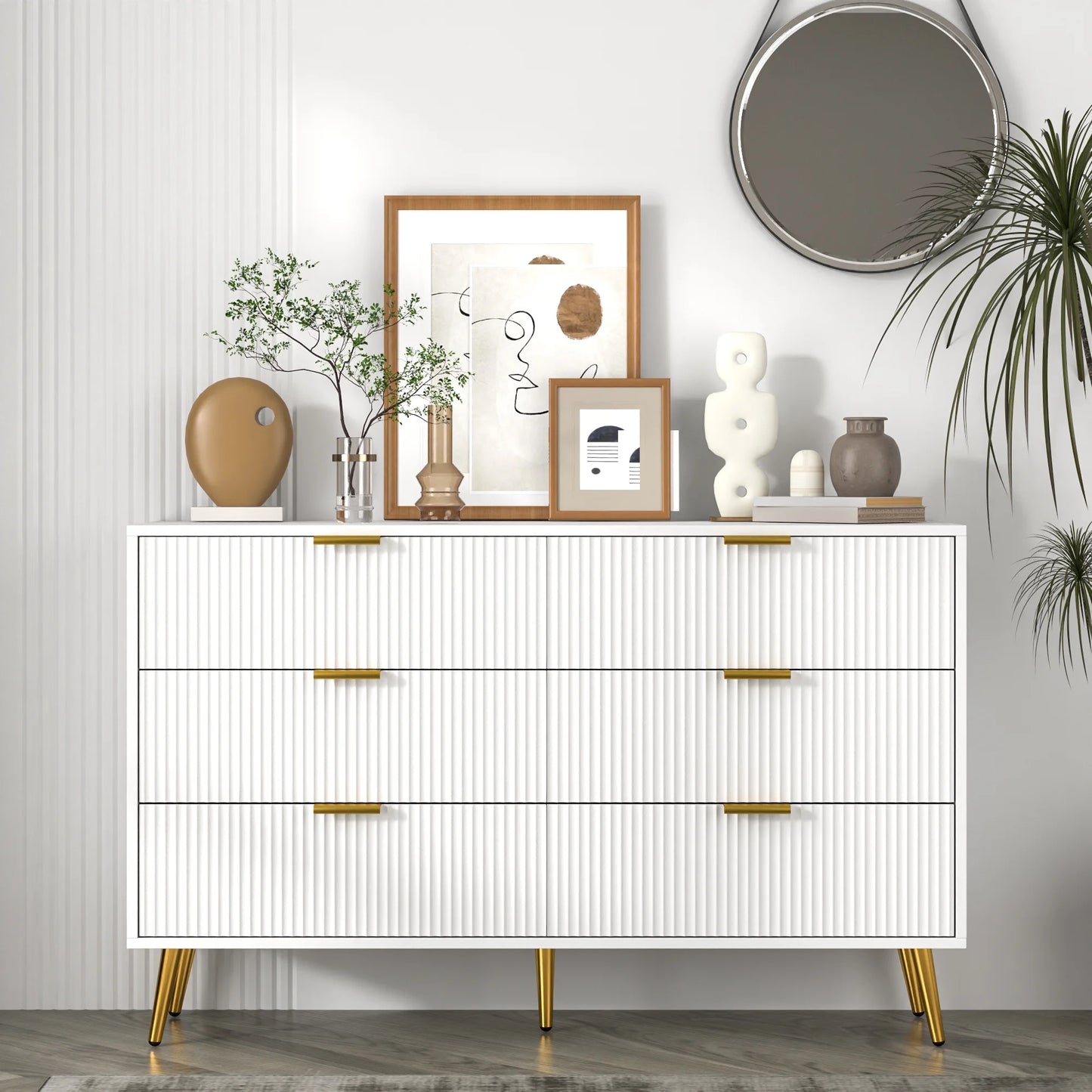 Modern Bedroom Dresser with 6 Drawers, Wood Storage Chest of Drawers with Fluted Panel