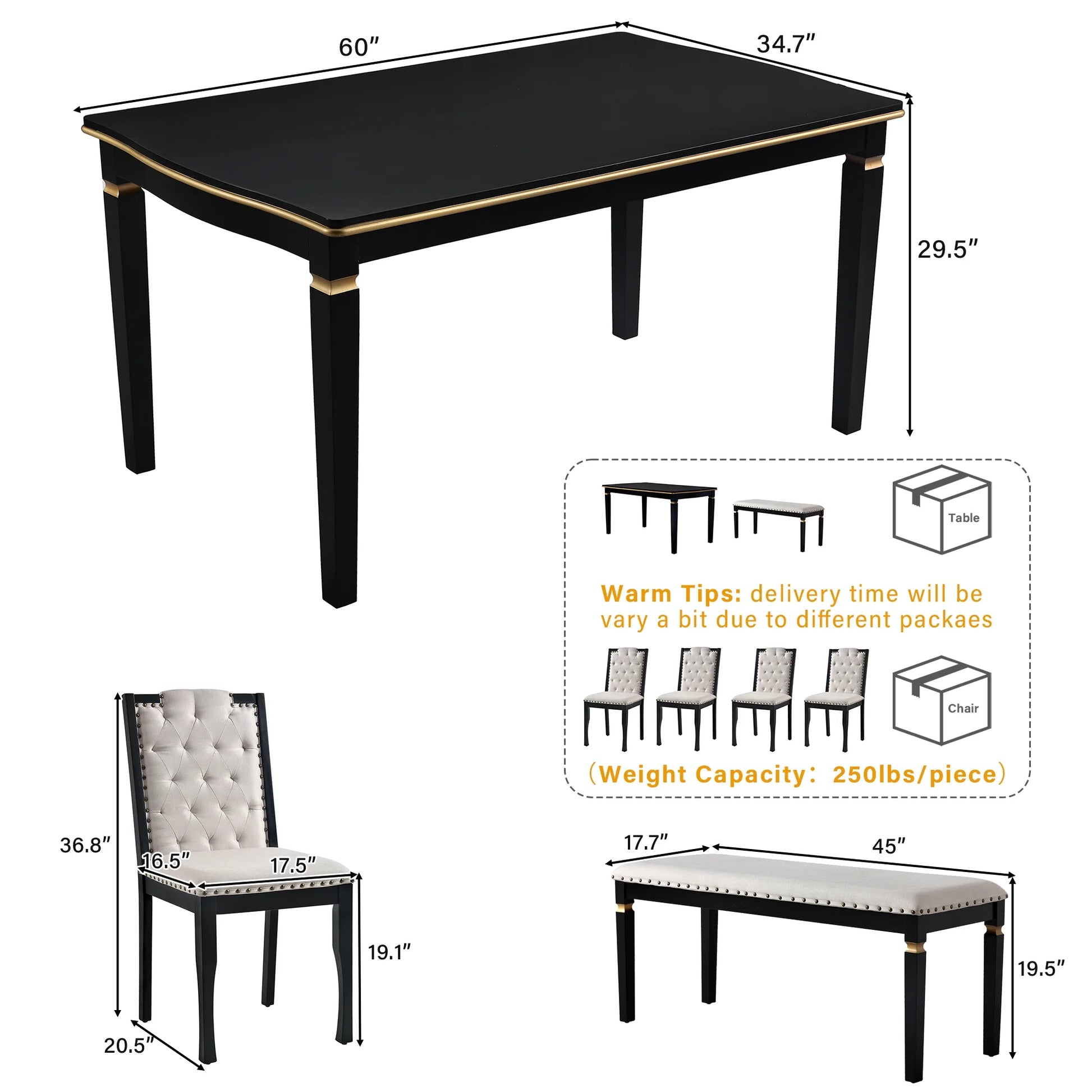 6-Piece Kitchen Dining Table Set for 6,Modern Dining Table Set with 60"L Rectangular Table,4 Upholstered Chairs & Bench for Dining Room and Kitchen,Black