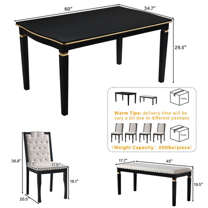 6-Piece Kitchen Dining Table Set for 6,Modern Dining Table Set with 60"L Rectangular Table,4 Upholstered Chairs & Bench for Dining Room and Kitchen,Black