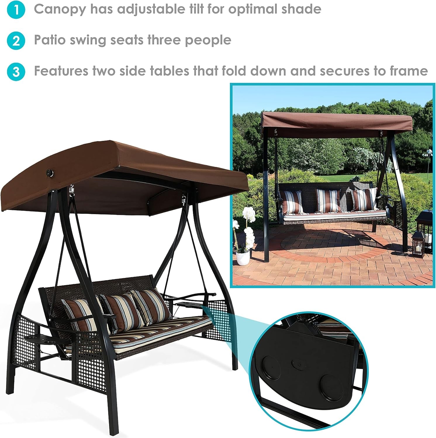 3-Seat Patio Swing with Steel Frame and Canopy - 600-Pound Weight Capacity - Brown Stripe Cushions