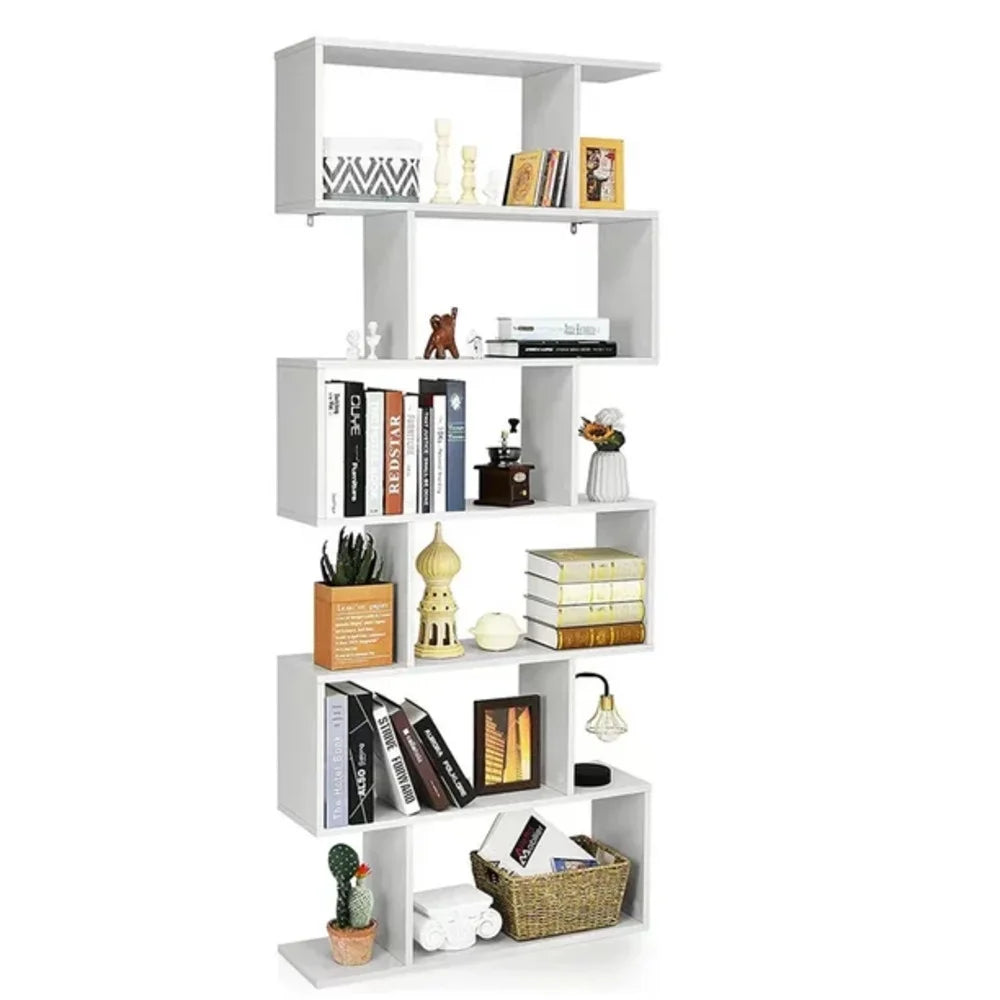 6-Shelf Geometric Bookcase, Wood S-Shaped Bookshelf, Modern Staggered Bookcase Bookshelf. White and Black