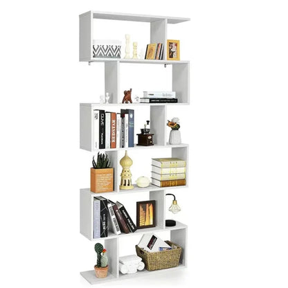 6-Shelf Geometric Bookcase, Wood S-Shaped Bookshelf, Modern Staggered Bookcase Bookshelf. White and Black