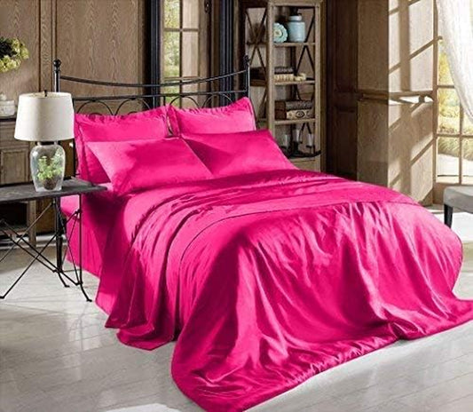 100% Pure Silk Satin Sheet Set 4 Pc Silkflat Sheet, Fittet Set with 15 Inch Deep Pocket,Two Pillowcases Queen Hot Pink