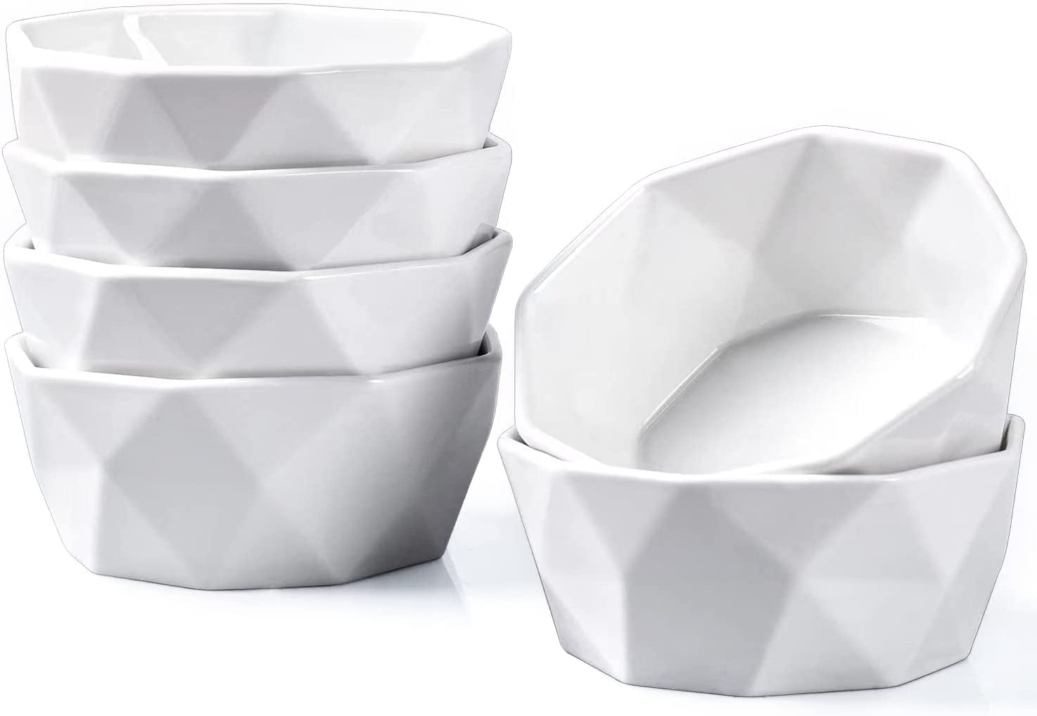 Ramekins 8 Oz, Creme Brulee Ramekins, Porcelain Ramekins Oven Safe, Geometric Style Ramekins for Baking Souffle, Ice Cream, Snack, Charcuterie Bowls, Set of 6, White