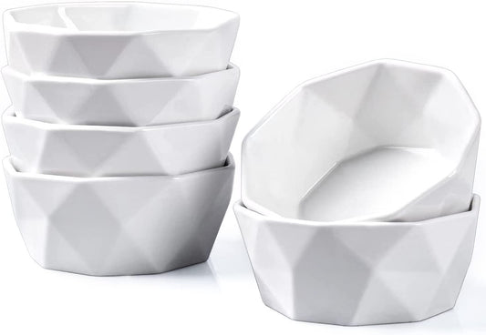 Ramekins 8 Oz, Creme Brulee Ramekins, Porcelain Ramekins Oven Safe, Geometric Style Ramekins for Baking Souffle, Ice Cream, Snack, Charcuterie Bowls, Set of 6, White