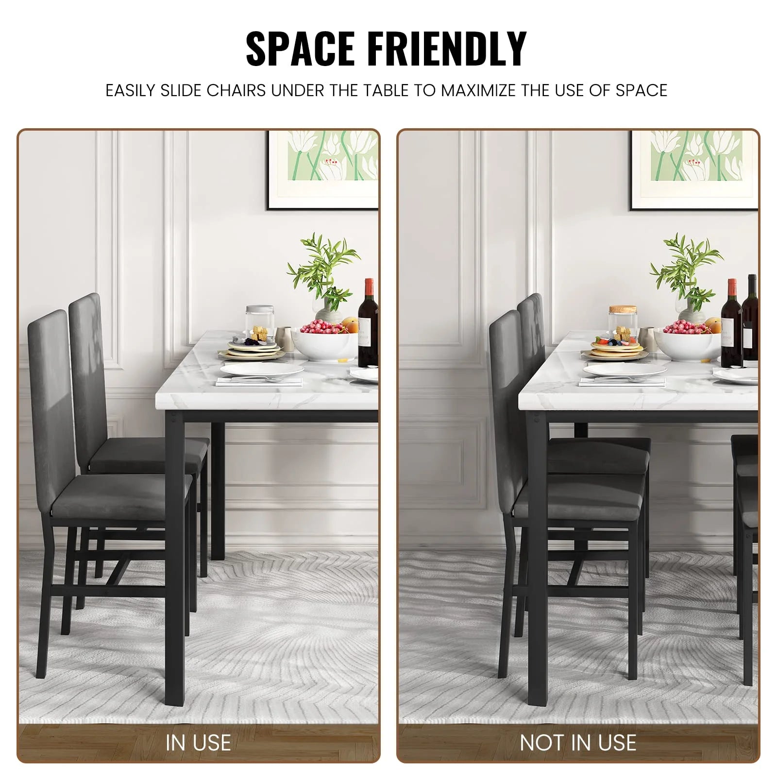 Dining Table Set for 4, 5-Piece Modern Dining Room Table Set with 4 Velvet Chairs, Marble Kitchen Table and Chairs Set, White+Grey