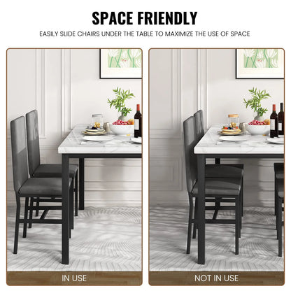 Dining Table Set for 4, 5-Piece Modern Dining Room Table Set with 4 Velvet Chairs, Marble Kitchen Table and Chairs Set, White+Grey