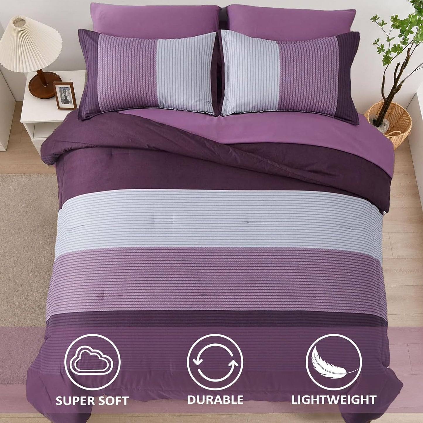 Purple Comforter Sets King, Reversible Striped Patchwork down Alternative Comforter for King Bed,3 Pieces (1Comforter+2 Pillowcase), Soft Microfiber Bedding Duvet Insert Set 104”×90”